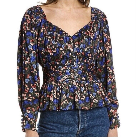 HUNTER BELL Tops - Hunter Bell Black Floral Caro Top Blouse 0 NWT Long Sleeve Smocked Waist Peplum